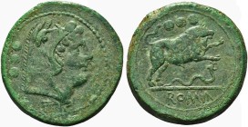 Semilibral series, Quadrans, Rome, ca. 217-215 BC; AE (g 37,84; mm 34; h 11); Head of Hercules r., wearing boar's skin; behind, °°°, Rv. Bull charging...