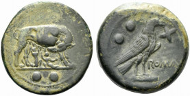 Semilibral series, Sextans, Rome, ca. 217-215 BC; AE (g 26,68; mm 29; h 2); She-wolf r., suckling twins; in ex. °°, Rv. Eagle standing r., holding flo...