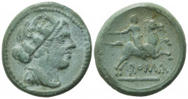 Semilibral series, Semuncia, Rome, ca. 217-215 BC; AE (g 5,97; mm 19; h 4); Turreted and draped female bust r., Rv. Horseman galloping r., holding rei...