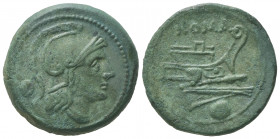 Post-Semilibral series, Uncia, Rome, ca. 215-212 BC; AE (g 7,70; mm 22; h 9); Helmeted head of Roma r.; behind, °, Rv. Prow r.; above, ROMA; below, °....