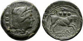 Anonymous, Quadrans, Sicily, ca. 214 BC; AE (g 14,03; mm 26; h 7); Head of Hercules r., wearing boar's skin; behind, °°°, Rv. Bull charging r.; above,...