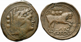 Anonymous, Quadrans, Sicily, ca. 214 BC; AE (g 12,88; mm 28; h 7); Head of Hercules r., wearing boar's skin; behind, °°°, Rv. Bull charging r.; above,...