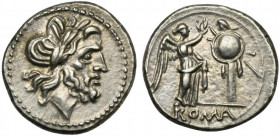 Anonymous, Victoriatus, Rome, post 215-214 BC; AR (g 3,39; mm 17; h 8); Laureate head of Jupiter r., Rv. Victory r., crowning trophy; in ex. ROMA. Cra...