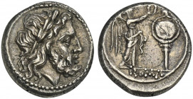 Anonymous, Victoriatus, Uncertain mint (Sicily ?), after 211 BC; AR (g 3,29; mm 16; h 6); Laureate head of Jupiter r., Rv. Victory r., crowning a trop...