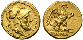 Anonymous, 60 Asses, Rome, post 215-214 BC; AV (g 3,37; mm 14; h 12); Helmeted head of Mars r.; behind, LX, Rv. Eagle on thunderbolt r.; below, ROMA. ...