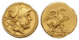 Anonymous, 20 Asses, Rome, post 215-214 BC; AV (g 1,10; mm 10; h 9); Helmeted head of Mars r.; behind, XX, Rv. Eagle on thunderbolt r.; below, ROMA. C...