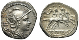 Anonymous, Sestertius, Rome, post 215-214 BC; AR (g 1,13; mm 12; h 3); Helmeted head of Roma r.; behind, IIS, Rv. The Dioscuri galloping r.; in ex. RO...