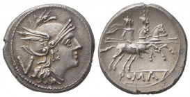 Anonymous, Quinarius, Uncertain Italian mint, ca. 211-210 BC; AR (g 2,36; mm 15; h 2); Helmeted head of Roma r.; behind, V, Rv. The Dioscuri galloping...