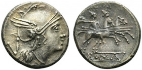 Anonymous, Quinarius, Uncertain Italian mint, ca. 211-210 BC; AR (g 2,02; mm 15; h 9); Helmeted head of Roma r.; behind, V, Rv. The Dioscuri galloping...