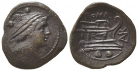 AVR series, Sextans, Sardinia, ca. 209 BC; AE (g 4,22; mm 20; h 10); Head of Mercury r., wearing winged petasos; above, °°, Rv. Prow r.; above, ROMA; ...