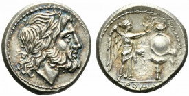 Anonymous, Victoriatus, Sicily, ca. 211-208 BC; AR (g 3,33; mm 16; h 4); Laureate head of Jupiter r., Rv. Victory r., crowning trophy; in ex. ROMA. Cr...