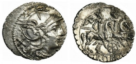 Wheel series, Denarius Serratus, Sicily (?), 209-208 BC; AR (g 3,62; mm 20; h 5); Helmeted head of Roma r.; behind, X, Rv. The Dioscuri galloping r.; ...