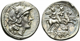 Dolphin (first) series, Denarius, Sicily (?), ca. 209-208 BC; AR (g 4,21; mm 19; h 9); Helmeted head of Roma r.; behind, X, Rv. The Dioscuri galloping...