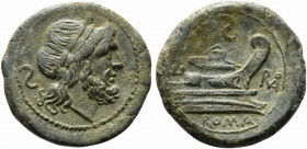 ROMA's monogram series, Semis, South Italy, ca. 211-210 BC; AE (g 20,84; mm 29; h 1); Laureate head of Saturn r.; behind, inverted S, Rv. Prow r.; abo...