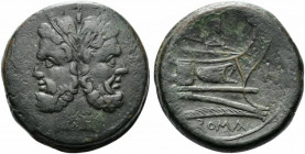 H series, As, South Italy, ca. 211-210 BC; AE (g 33,35; mm 30; h 2); Laureate head of Janus; above, I, Rv. Prow r.; above, I; before, H; below, ROMA. ...