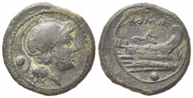 V series, Uncia, South East Italy, ca. 211-210 BC; AE (g 3,04; mm 16; h 4); Helmeted head of Roma r.; behind, °, Rv. Prow r.; above, ROMA; before, V; ...