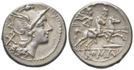 Spearhead (second) series, Denarius, South East Italy, ca. 209 BC; AR (g 4,29; mm 19; h 11); Helmeted head of Roma r.; behind, X, Rv. The Dioscuri gal...