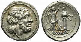 VB series, Victoriatus, Uncertain mint, ca. 211-208 BC; AR (g 3,36; mm 18; h 1); Laureate head of Jupiter r., Rv. Victory r., crowning trophy; between...