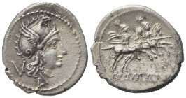 Anonymous, Quinarius, Luceria, ca. 211-210 BC; AR (g 1,94; mm 17; h 9); Head of Roma r., wearing Phrygian helmet; behind, V, Rv. The Dioscuri gallopin...