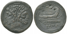 CA series, As, Canusium (?), ca. 209-208 BC; AE (g 20,13; mm 30; h 6); Laureate head of Janus; above, mark of value set horizontally; below, CA, Rv. P...