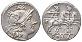 Rostrum Tridens (second) series, Denarius, Rome, 206-195 BC; AR (g 4,09; mm 17; h 2); Helmeted head of Roma r.; behind, X, Rv. The Dioscuri galloping ...
