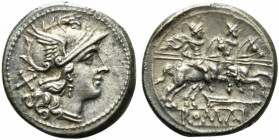 Rudder series, Denarius, Rome, 206-195 BC; AR (g 4,01; mm 19; h 6); Helmeted head of Roma r.; behind, X, Rv. The Dioscuri galloping r.; below, rudder;...