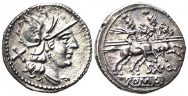Sex. Quinctilius, Denarius, Rome, 189-180 BC; AR (g 3,97; mm 17; h 6); Helmeted head of Roma r.; behind, X, Rv. The Dioscuri galloping r.; below, SX Q...