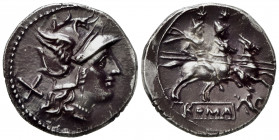 Gryphon and hare's head series, Denarius, Rome, 169-158 BC; AR (g 3,97; mm 17; h 6); Helmeted head of Roma r.; behind, X, Rv. The Dioscuri galloping r...