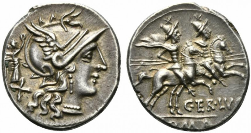 C. Terentius Lucanus, Denarius, Rome, 147 BC; AR (g 3,43; mm 18; h 1); Helmeted ...