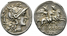 C. Terentius Lucanus, Denarius, Rome, 147 BC; AR (g 3,43; mm 18; h 1); Helmeted head of Roma r.; behind, Victory holding wreath and X, Rv. Dioscuri ga...