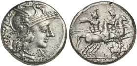 C. Antestius, Denarius, Rome, 146 BC; AR (g 3,71; mm 18; h 6); Helmeted head of Roma r.; before, X; behind, C ANTESTI, Rv. The Dioscuri galloping r.; ...