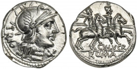 Cn. Lucretius Trio, Denarius, Rome, 136 BC; AR (g 3,94; mm 19; h 4); Helmeted head of Roma r.; behind, TRIO; before, X, Rv. The Dioscuri galloping r.;...