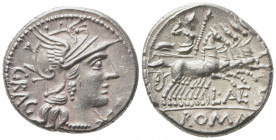 L. Antestius Gragulus, Denarius, Rome, 136 BC; AR (g 3,96; mm 18; h 4); Helmeted head of Roma r.; before, *; behind, GRAG, Rv. Jupiter in quadriga r.,...