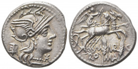 M. Marcius Mn.f., Denarius, Rome, 134 BC; AR (g 3,94; mm 18; h 7); Helmeted head of Roma r.; before, *; behind, modius, Rv. Victory in biga r., holdin...