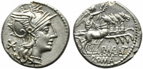 P. Maenius M.f. Antiaticus, Denarius, Rome, 132 BC; AR (g 3,91; mm 19; h 12); Helmeted head of Roma r.; behind, *, Rv. Victory in quadriga r., holding...