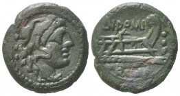 Cn. Domitius Ahenobarbus (or Calvinus), Quadrans, Rome, ca. 128 BC; AE (g 5,24; mm 19; h 5); Head of Hercules r., wearing lion's skin; behind, °°°, Rv...