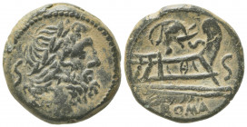 Elephant's Head series (L. Caecilius Metellus Diadematus, or Delmaticus - ?), Semis, Rome, ca. 128 BC; AE (g 8,69; mm 22; h 9); Laureate head of Satur...