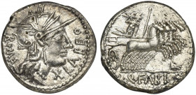 Q. Fabius Labeo, Denarius, Rome, 124 BC; AR (g 3,96; mm 19; h 5); Helmeted head of Roma r.; behind, ROMA; before, X LABEO, Rv. Jupiter in quadriga r.,...