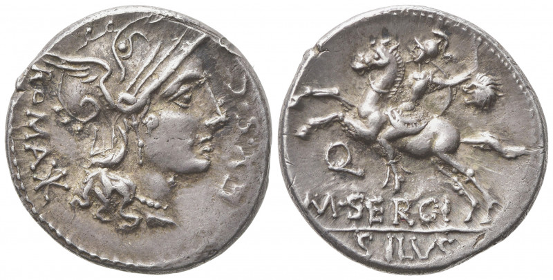 M. Sergius Silus, Denarius, Rome, 116 or 115 BC; AR (g 3,92; mm 18; h 7); Helmet...