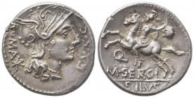 M. Sergius Silus, Denarius, Rome, 116 or 115 BC; AR (g 3,92; mm 18; h 7); Helmeted head of Roma r.; around, EX S C - ROMA *, Rv. Horseman l., holding ...