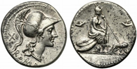Anonymous, Denarius, Rome, 115 or 114 BC; AR (g 3,96; mm 19; h 9); Helmeted head of Roma r.; behind, X; below, ROMA, Rv. Roma seated r. on pile of shi...