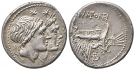 Mn. Fonteius, Plated Denarius, Rome, 108-107 BC; AR (g 3,88; mm 19; h 4); Jugate, laureate, heads of Dioscuri r.; before, P P and *, Rv. Ship r., disp...