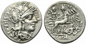 Cn. Cornelius L.f. Sisenna, Denarius,Rome, 118-107 BC, AR, (g 4,02, mm 20, h 1). Helmeted head of Roma r.; behind, SISENA; before, ROMA; below, X, Rv....