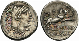 L. Thorius Balbus, Denarius, Rome, 105 BC; AR (g 4,02; mm 19; h 6); Head of Juno Sospita r., wearing goat-skin; behind, I S M R, Rv. Bull charging r.;...