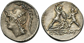 Q. Minucius Thermus M.f., Denarius, Rome, 103 BC; AR (g 3,91; mm 19; h 3); Helmeted head of Mars l., Rv. Roman soldier fighting barbarian soldier in p...