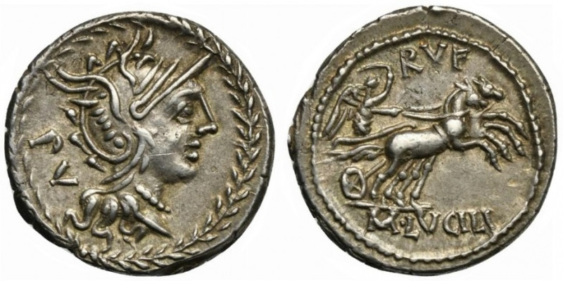 M. Lucilius Rufus, Denarius, Rome, 101 BC; AR (g 4,02; mm 20; h 7); Helmeted hea...