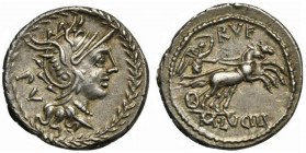 M. Lucilius Rufus, Denarius, Rome, 101 BC; AR (g 4,02; mm 20; h 7); Helmeted head of Roma r.; behind, PV; laurel wreath as border, Rv. Victory in biga...