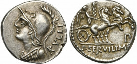 P. Servilius M.f. Rullus, Denarius, Rome, 100 BC; AR (g 3,95; mm 19; h 6); Helmeted and cuirassed bust of Minerva l.; behind, RVLLI, Rv. Victory in bi...