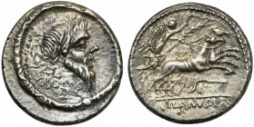 D. Junius Silanus L.f., Denarius, Rome, 91 BC; AR (g 3,92; mm 18; h 4); Mask of Silenus r.; below, ROMA; on l., control mark; torque as border, Rv. Vi...