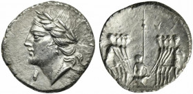 The Bellum Sociale, Denarius, Bovianum, Corfinium or Aesernia, ca. 90-89 BC; AR (g 3,38; mm 18; h 9); Laureate head of Italia l.; behind, [ITALIA], Rv...